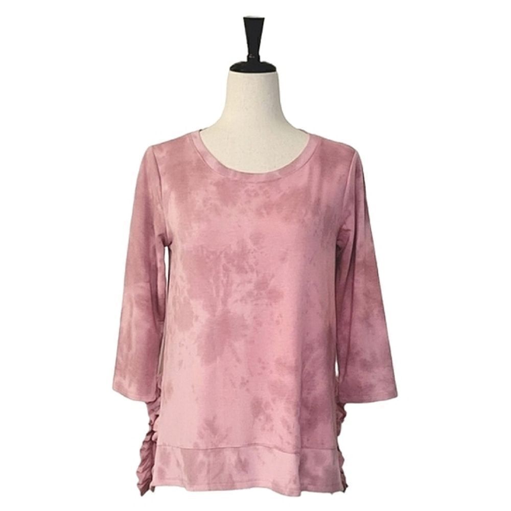 Cupio Pink Tie-Dye Crewneck Side Ruffle Detail 3/4 Sleeve Top Size S - Picture 3 of 9